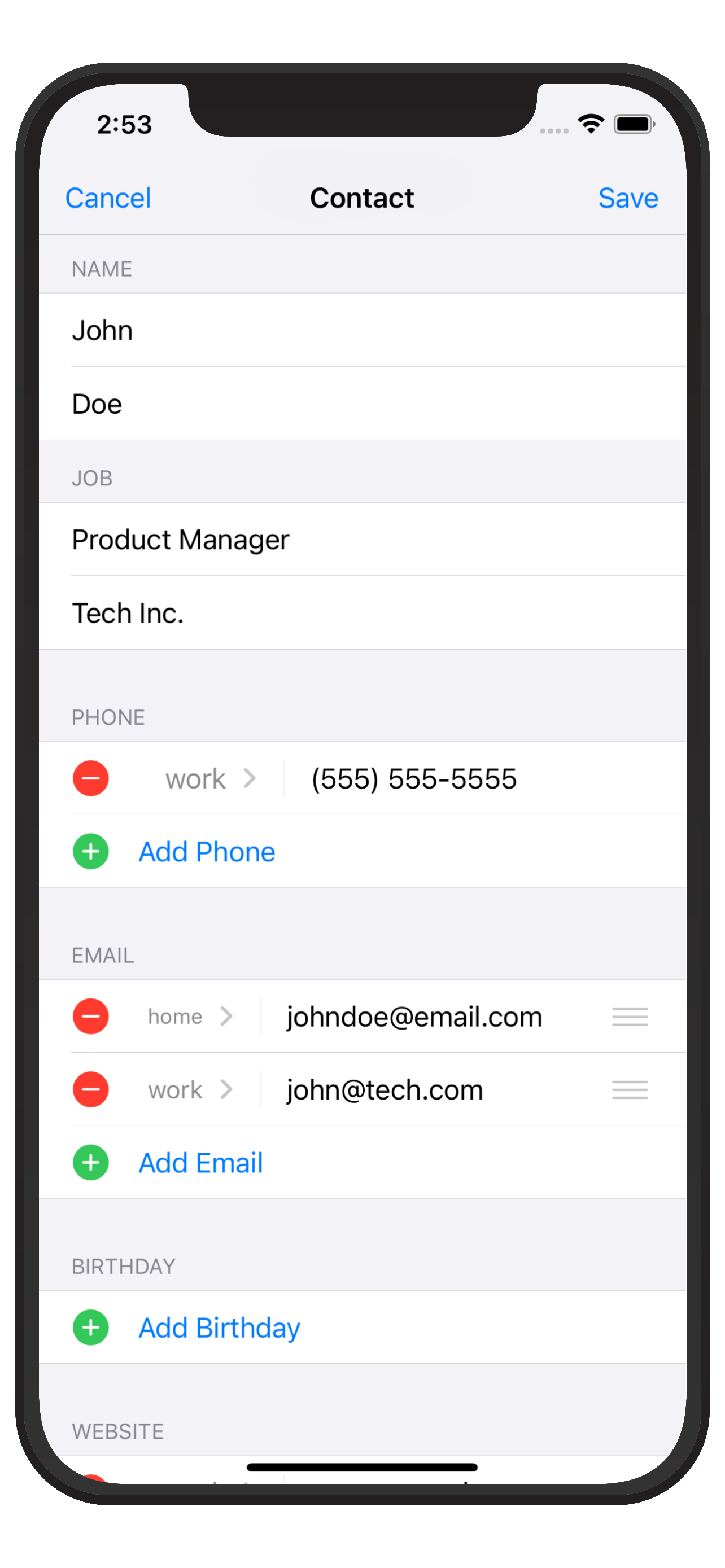 Screenshot of the contact input page on the app